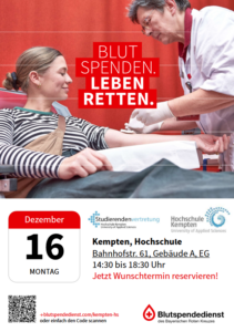 Ein Plakat für eine Blutspendeaktion am 16.12.2024 von 14:30 bis 18:30 Uhr im A-Gebäude der Hochschule Kempten. Terminreservierung unter blutspendedienst.com/kempten-hs